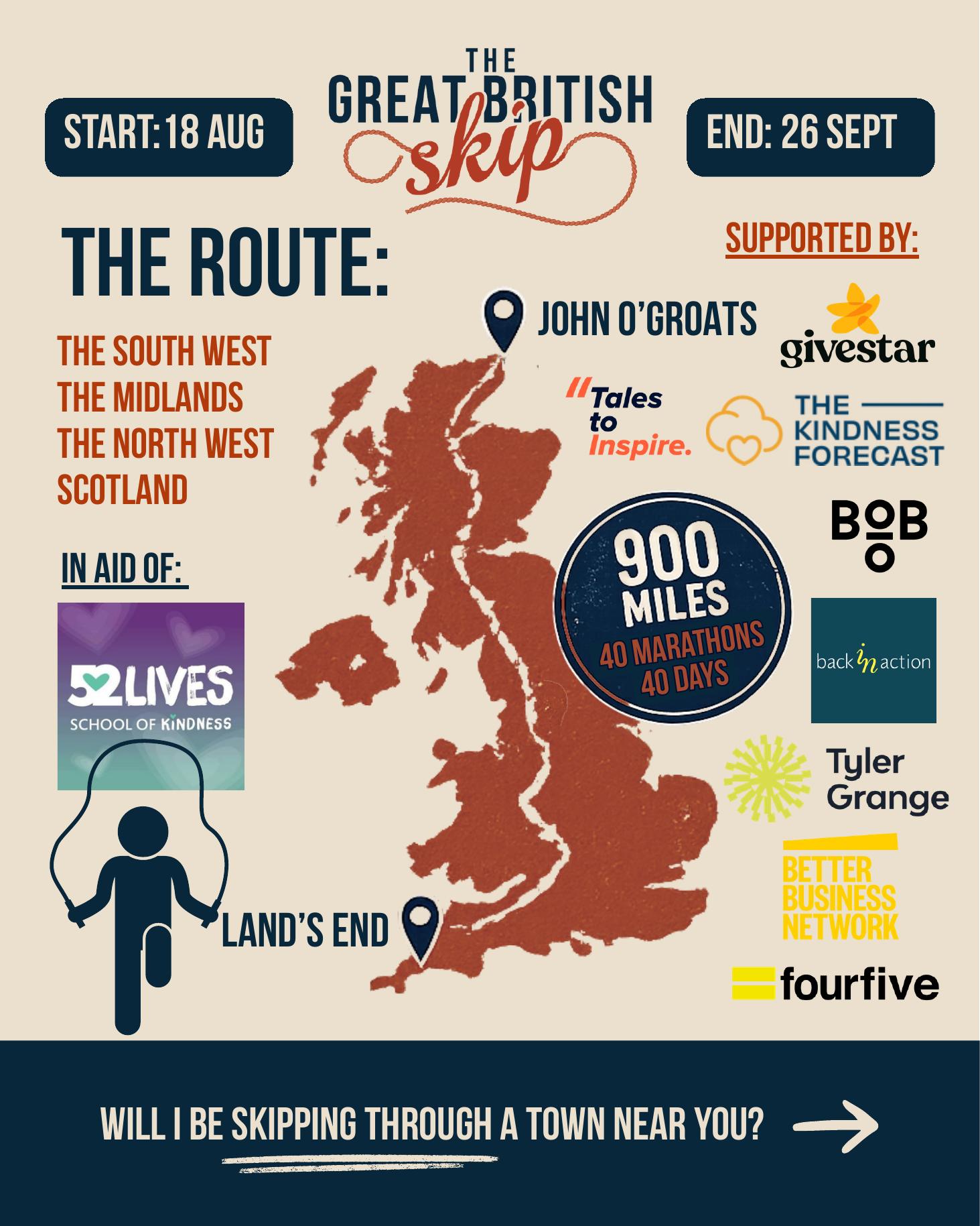 The Great British Skip route map — Land's End to John O'Groats, 900 miles